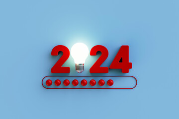 New Year 2024 numbers with light bulb and loading new year 2023 to 2024 on blue background.Loading bar almost complete with idea being processed,start straight concept.3d rendering