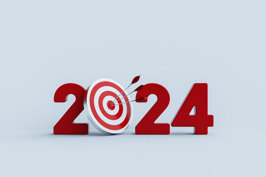 New Year 2024 and Archery target and arrow. 3d Rendering.
