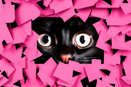 Funny Black Cat Looking Out Of Hole In Paper With Pink Stickers