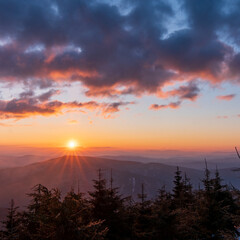 Colorful winter sunrise in mountains.Lysa mount in Beskydy mountain in Czech republic