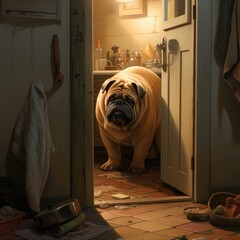 A dog is standing in the doorway of a kitchen. Generative AI.