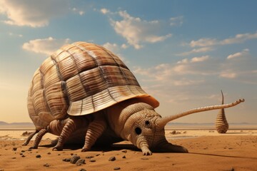 Fototapeta premium A giant snail crawling on a sandy beach. Generative AI.
