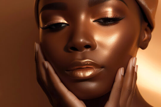 Closeup portrait of beautiful african american woman with golden make up