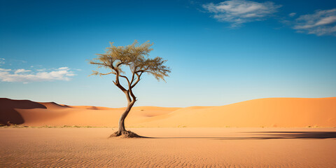 Path to lonely young thin tree in sand growing in endless sand dunes of desert against blue background 