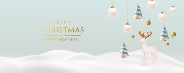 Christmas and New Year greeting card with deer, balls, confetti, ribbons and trees.