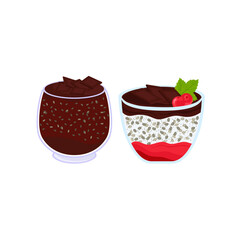 Pudding tea with chocolate. Vector set. Delicious dessert in the style of flat.