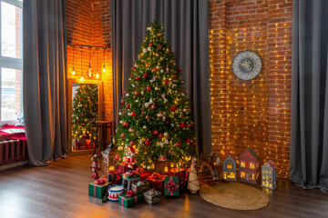 Happy New Year and Christmas! New Year's interior in loft style, green Christmas tree and classic...