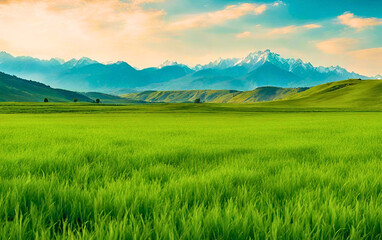 Fototapeta premium landscape with grass and mountains, Serene Mountain Landscape with Green Grass, Picturesque Mountain Range and Lush Grassland, Scenic View of Rolling Hills and Majestic Mountains 
