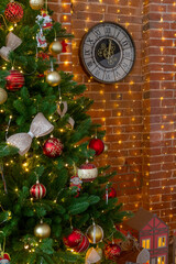 Happy New Year and Christmas! New Year's interior in loft style, green Christmas tree and classic decorations