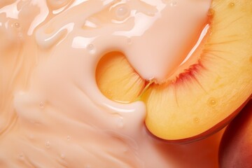 Photo of a macro shot capturing the texture of a peach submerged in milk. Generative AI