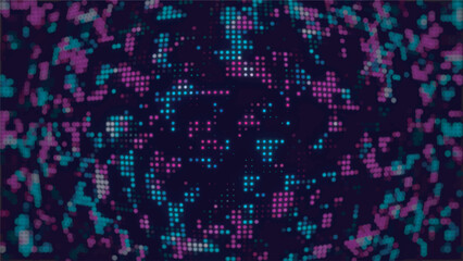 Abstract luminous pixel clusters in pink, blue, and turquoise on dark background