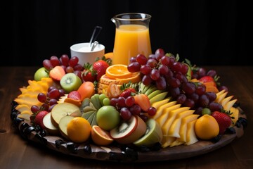 Photo of a stunning fruit platter artfully arranged around a milk jug centerpiece. Generative AI
