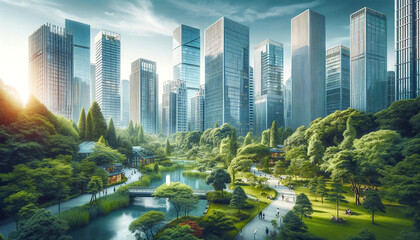 Urban Park Amidst City Buildings_ A lush green park in the heart of a bustling city