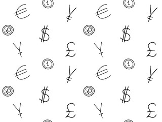seamless black and white money doodle pattern with currencies, money of different countries
