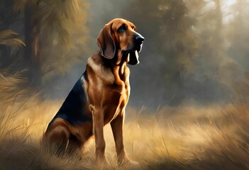 AI generated illustration of a Bloodhound dog sitting in a lush green grassy field - obrazy, fototapety, plakaty