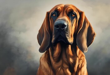 AI generated illustration of a close-up shot of a large brown Bloodhound dog - obrazy, fototapety, plakaty