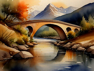 watercolor painting Chinese bridge Lake, Mountains, Background. Generative AI