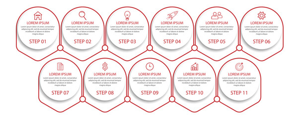 Simple Business Infographic design, vector
template with red color lines, icons, numbers and
11 choices or steps. Can be used for process diagrams,
presentations, workflow layouts, banners, flowcharts