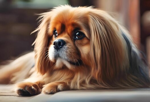 AI generated illustration of a small Pekines dog sitting on a floor