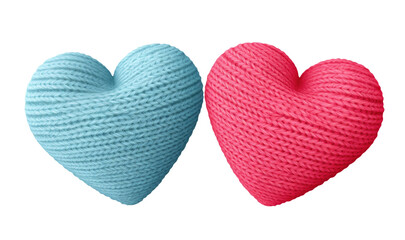 Blue and pink knitted hearts isolated on transparent background