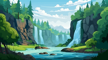 Nature landscape background with waterfall and mountains. Vector illustration in flat style - obrazy, fototapety, plakaty
