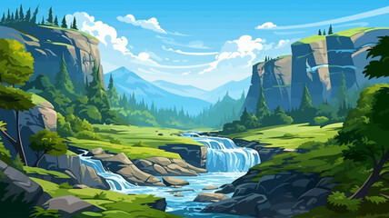 Nature landscape with waterfall in cartoon style. Vector illustration of waterfall in forest.