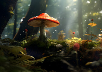 Fototapeta premium Enchanting red-capped mushrooms nestled among the moss in a sun-dappled forest