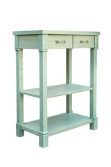 Wooden serving table with drawers and shelves of ash tree massive and light green enamel paint...