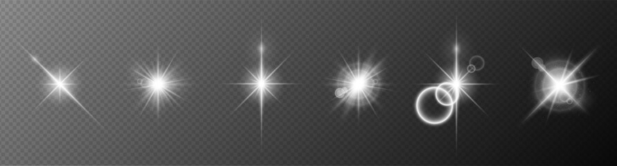 Shining white light effects on a transparent background. A collection of various glowing sparks, stars. The effect of glow, radiance, shine. Vector illustration.