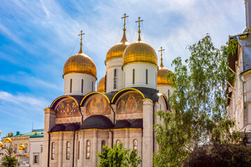 Domes of Cathedral of Dormition (Uspensky Sobor) or Assumption Cathedral in Moscow Kremlin, Russia