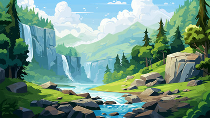Beautiful landscape with a waterfall in the forest. Vector illustration. © xxstudio