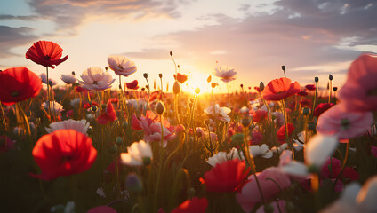 poppy field in sunset ai generative