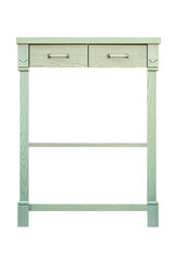 Wooden serving table with drawers and shelves of ash tree massive and light green enamel paint isolated on white background