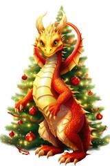 Illustration of a red dragon with a Christmas tree on a white background.