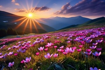 Fototapeta premium Mountain Bloom: A Majestic Sunrise Over Summer Wildflowers
