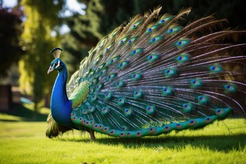 Obraz premium Feathered Ballet: Male Peacock's Enchanting Dance in Public Park