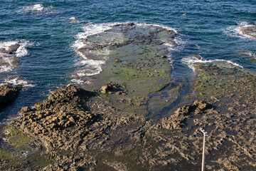 Coastline formed by volcanic activity in Ogi coast in Sado Island, Niigata prefecture, Japan.