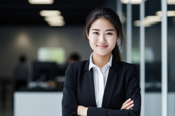 Confident businesswoman standing with arms crossed in modern office. asian - obrazy, fototapety, plakaty