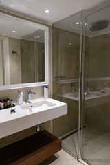 Modern tiled shower room with glass door. Bathroom interior with vanity sink and transparent shower stall. Contemporary bathroom with transparent shower cubicle with glass partition. Sink and mirror