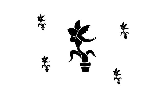 Zoom in and out animation the carnivorous plant symbol. Large black symbol in the center and four small symbols around. Seamless looped 4k animation on white background
