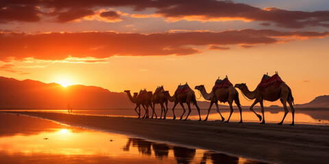 Sequence of camels lined up across a desert landscape