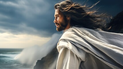 Jesus Christ stands on a cliff overlooking a vast, stormy sea. Generative AI.