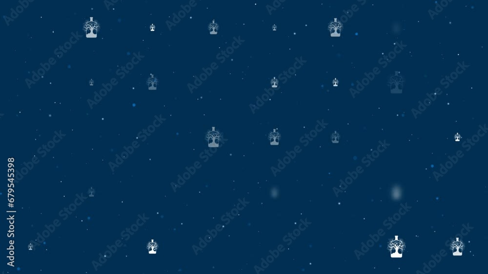 Poster template animation of evenly spaced mystical tree in bottle symbols of different sizes and opacity. 