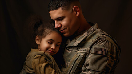 Male soldier returning from war or army embrace his daughter. Happiness to be together, coming home, daddy came back from the war.  - obrazy, fototapety, plakaty