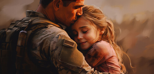 Fototapeta na wymiar Male soldier returning from war or army embrace his daughter. Happiness to be together, coming home, daddy came back from the war. 
