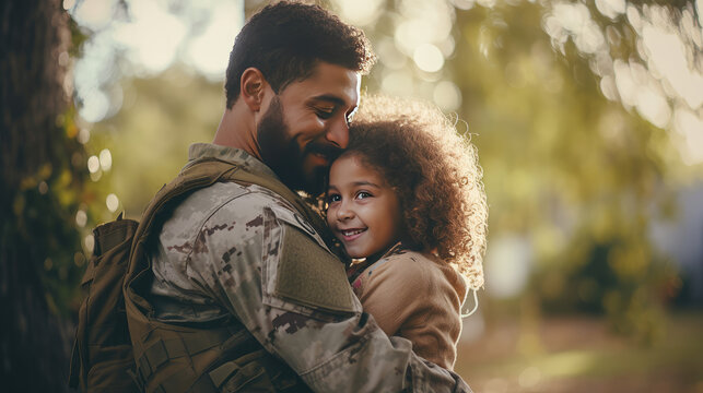 Male soldier returning from war or army embrace his daughter. Happiness to be together, coming home, daddy came back from the war.