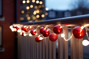 Decoración de bolas y luces de navidad en la terraza de casa. - obrazy, fototapety, plakaty