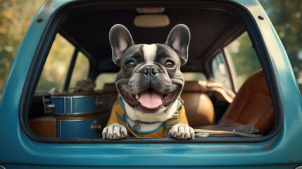 Pretty dog sits in a car trunk with luggage bags, suitcases, ready for a trip. Car Journey with pet. 