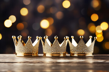 Coronas de oro de reyes magos en la mesa con fondo de luces difuminadas.