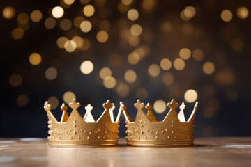 Coronas de oro de reyes magos en la mesa con fondo de luces difuminadas. - obrazy, fototapety, plakaty